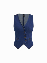 Stretch Denim V-neck Button Split Vest
