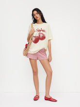 Cotton-blend Round Neckline Bowknot Cherry Graphic Oversized Tee