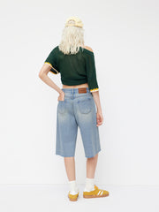 Cider Denim Mid Rise Drawstring Raw Hem Bermuda Jorts