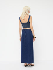 Denim Mid Rise Button Split Maxi Skirt