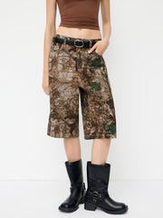 Cider Denim Mid Rise Abstract Wood Grain Print Bermuda Jorts