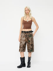 Cider Denim Mid Rise Abstract Wood Grain Print Bermuda Jorts