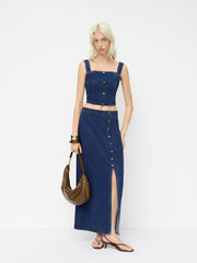 Denim Mid Rise Button Split Maxi Skirt