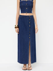 Denim Mid Rise Button Split Maxi Skirt