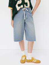 Cider Denim Mid Rise Drawstring Raw Hem Bermuda Jorts