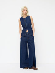 Denim Round Neckline Split Zip Through Tank Top