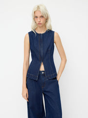 Denim Round Neckline Split Zip Through Tank Top