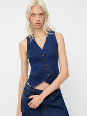 Stretch Denim V-neck Button Split Vest