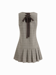Boat Neck Plaid Pleated Lace Up Knotted Mini Dress