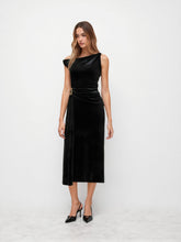 Velvet Asymmetrical Neckline Draped Metal Detail Maxi Dress
