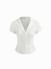 100% Cotton Asymmetrical Neck Button Curved Hem Short Sleeve Blouse
