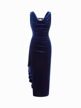 Velvet Cowl Neck Draped Ruched Backless Knotted Maxi Dress
