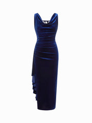 Velvet Cowl Neck Draped Ruched Backless Knotted Maxi Dress