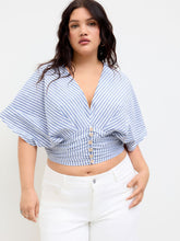 Cotton-blend V Neck Stripe Ruched Dolman Sleeve Shirt Curve & Plus