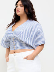 Cotton-blend V Neck Stripe Ruched Dolman Sleeve Shirt Curve & Plus