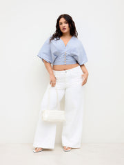 Cotton-blend V Neck Stripe Ruched Dolman Sleeve Shirt Curve & Plus