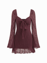 Lace Floral Sweetheart Neckline Long Sleeve Bowknot Mini Dress