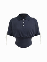Cotton-blend Collar Lace Up Corset Side Striped Short Sleeve Tee