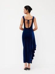 Velvet Cowl Neck Draped Ruched Backless Knotted Maxi Dress