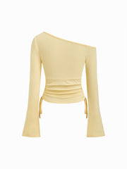 Cotton-blend Asymmetrical Neck Ruched Drawstring Bell Sleeve Top