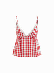 Cotton-blend V-neck Lace Trim Cami Top & Mid Rise Gingham Shorts Loungewear Set