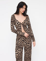 V-neck Leopard Split Top & Mid Rise Straight Leg Trousers Loungewear Set