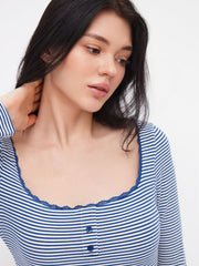 Square Neck Stripe Lettuce Trim Top & Low Rise Flared Trousers Loungewear Set