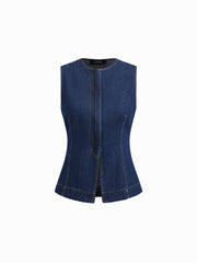 Denim Round Neckline Split Zip Through Tank Top