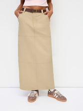 Cotton-blend Mid Rise Split Maxi Skirt With Belt