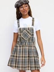 Square Neck Plaid Buckle Pleated Pinafore Mini Dress