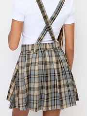 Square Neck Plaid Buckle Pleated Pinafore Mini Dress