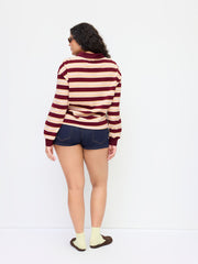 100% Cotton Stripe Polo Neck Long Sleeve Oversized Sweatshirt Curve & Plus