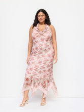 Halter Neckline Floral Ruched Lace Trim Ruffle Maxi Dress Curve & Plus