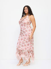 Halter Neckline Floral Ruched Lace Trim Ruffle Maxi Dress Curve & Plus