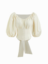Round Neckline Ruched Knotted Corset Puff Sleeve Blouse