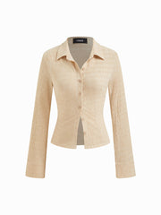 Texture Collar Long Sleeve Button Top