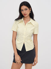Cotton-blend Polo Collar Stripe Drawstring Knotted Shirt