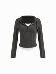 Hooded Two Tone Half-zip Long Sleeve Top