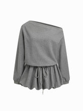 Cotton-blend Asymmetrical Neck Long Sleeve Knotted Bubble Hem Mini Dress