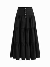Denim High Rise Solid Tiered Button Pocket Maxi Skirt