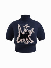 Knit Wool-blend Cat Graphic High Neck Short Sleeve Top Curve & Plus