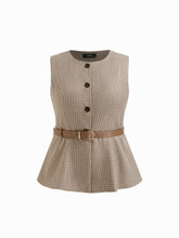 Round Neckline Houndstooth Blazer Vest With Belt Curve & Plus