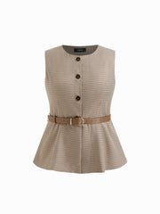 Round Neckline Houndstooth Blazer Vest With Belt Curve & Plus