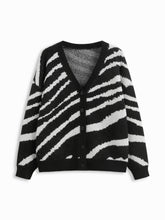 Knit Zebra Striped V-neck Long Sleeve Button Oversized Cardigan Curve & Plus
