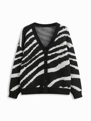 Knit Zebra Striped V-neck Long Sleeve Button Oversized Cardigan Curve & Plus