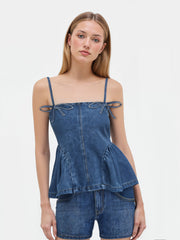 Denim Knotted Ruffle Hem Shirred Oversized Cami Top