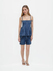 Denim Knotted Ruffle Hem Shirred Oversized Cami Top