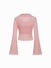 Two Piece Texture Stand Collar Flare Sleeve See-through Blouse & Cami Top
