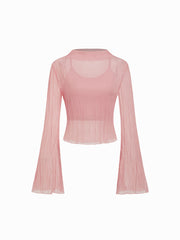 Two Piece Texture Stand Collar Flare Sleeve See-through Blouse & Cami Top