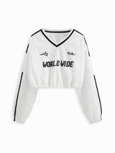 World Wide V-neck Long Sleeve Contrasting Binding Drawstring Crop Sweatshirt